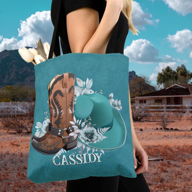 Cowgirl Cowboy Stiefel mit türkisfarbenem Ledernam Tasche (Cowgirl cowboy boots hat turquoise leather name tote bag)