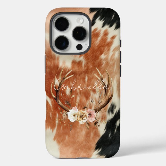 Cowgirl Cowhide Floral Deer Antlers iPhone 16 Pro Hülle (Rückseite)
