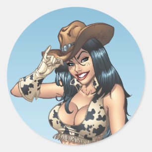 Cowgirl, das ihre Cowboyhut-Illustration spitzt Runder Aufkleber