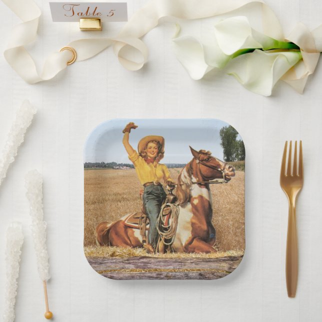 Cowgirl des Vintagen Westerns auf dem Reitplatz Pappteller (Hochzeit)
