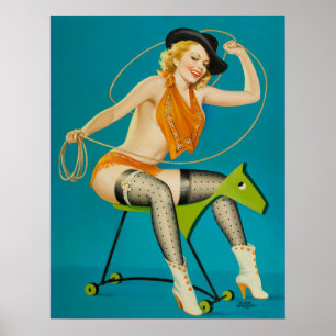 Cowgirl, die das Pferd-Button hochrennen Poster