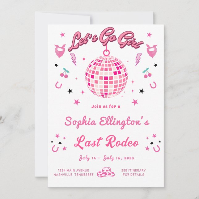 Cowgirl Disco Bachelorette Einladung (Vorderseite)