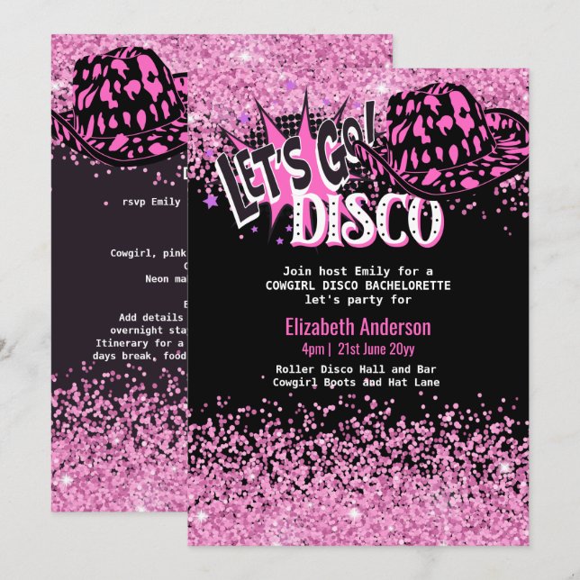 Cowgirl Disco Bachelorette Lasse letzte Runde Rode Einladung (Vorne/Hinten)