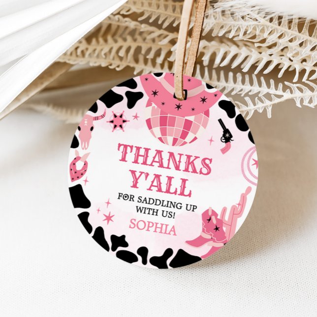 Cowgirl Disco Geburtstagsparty Runde Geschenkanhänger (Yee Haw Cowgirl Disco Birthday Party Round Favor Tags)
