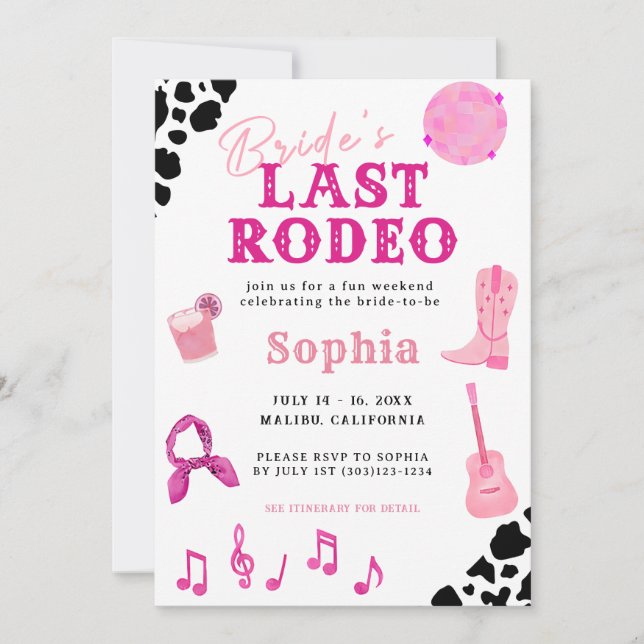 Cowgirl Disco Last Rodeo Bachelorette Einladung (Vorderseite)