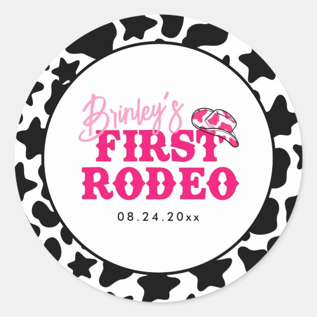 Cowgirl Disco Pink First Rodeo Runder Aufkleber (Vorderseite)