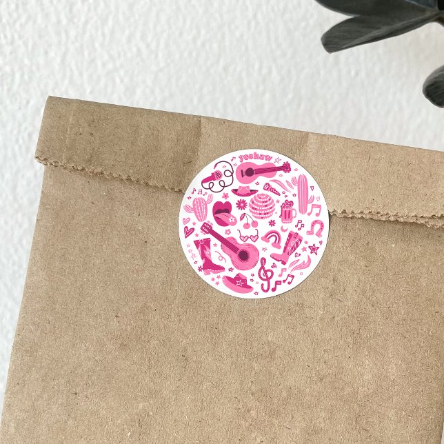 Cowgirl Disco Rodeo Runder Aufkleber (Retro Cowgirl stickers, pink)
