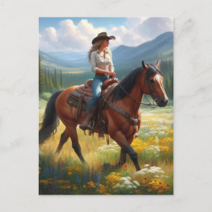 Cowgirl équitation cheval à travers la carte posta