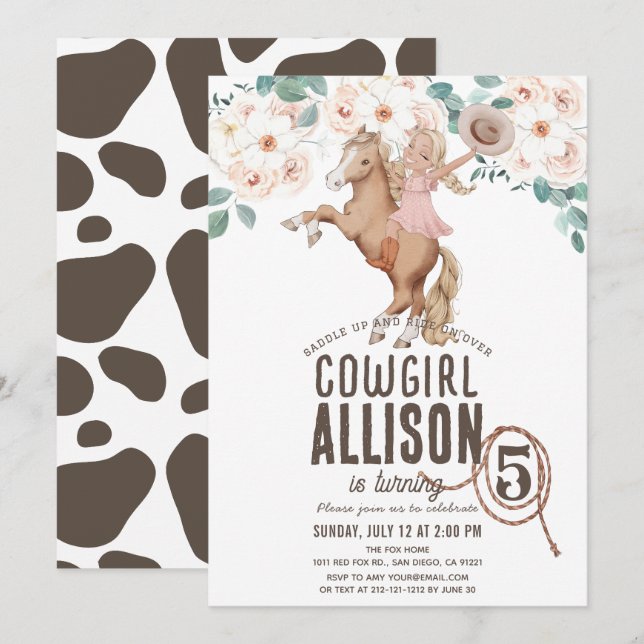 Cowgirl Floral Rodeo Western Pony Ride Birthday Einladung (Vorne/Hinten)
