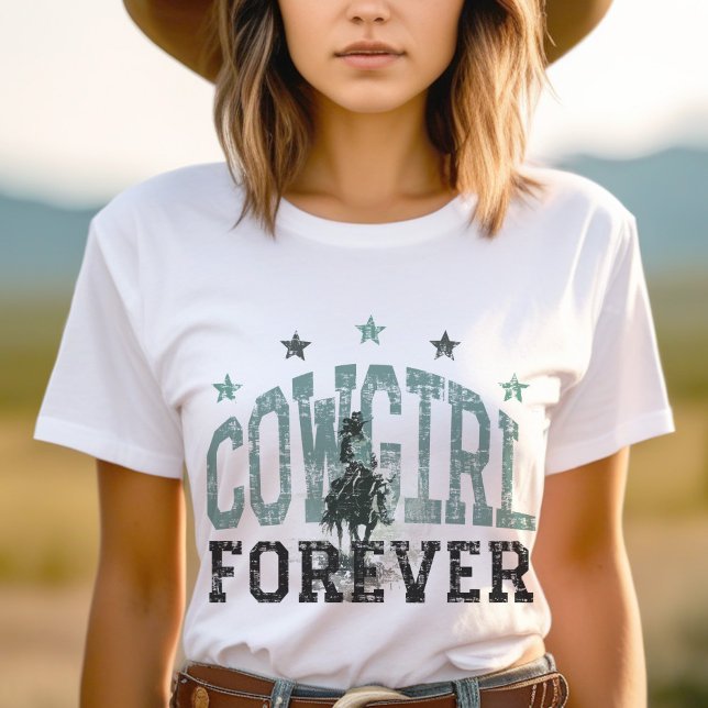 Cowgirl Forever Western Trendy T-Shirt (Cowgirl Forever tee with cowgirl riding a horse)