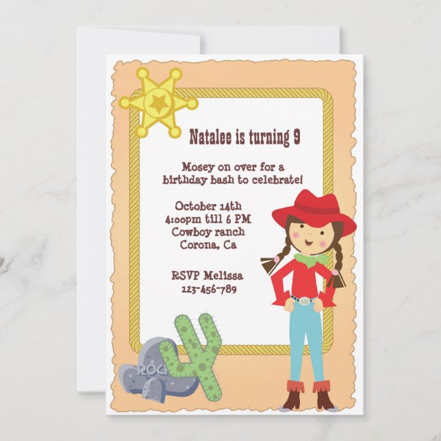 Cowgirl-Geburtstagseinladung Einladung (Vorderseite)