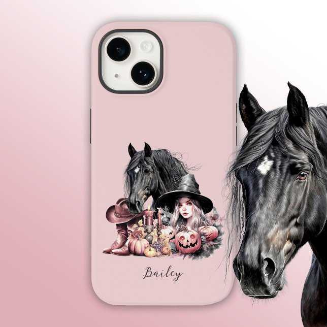 Cowgirl Halloween Pferd rosa Girl Case-Mate iPhone 14 Hülle (Pink Halloween horse cowgirl phone case, black horse, cowboy boots, cowboy hat)