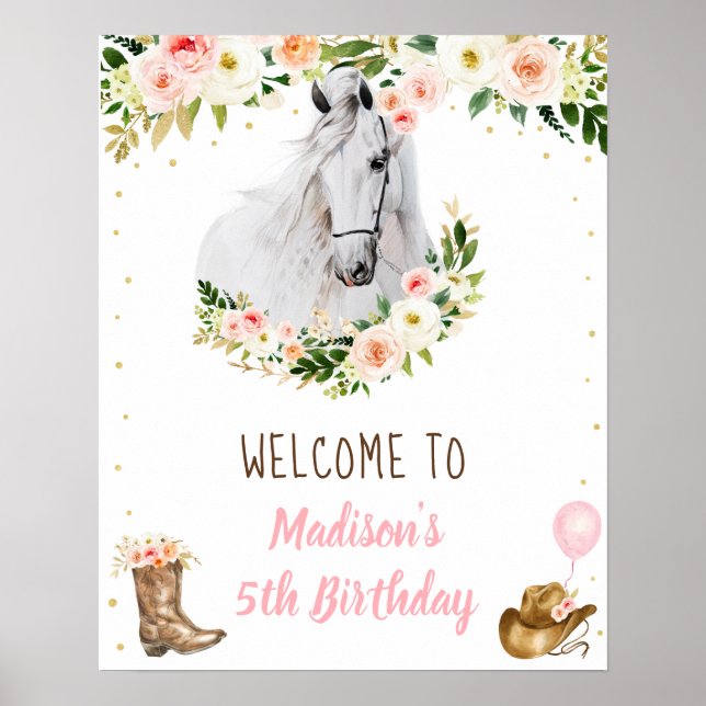 Cowgirl Horse Pony Floral Birthday Welcome Poster (Vorne)