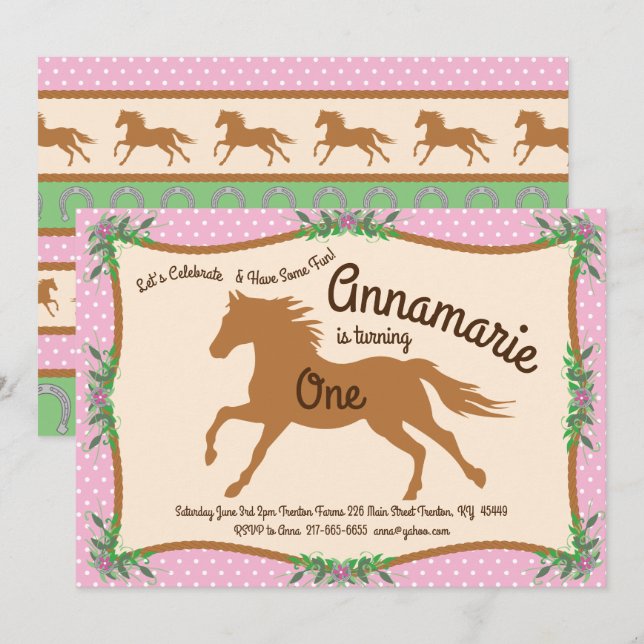 Cowgirl Horse Pony Invitations d'anniversaire (Devant / Derrière)