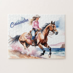 Cowgirl Horseback Riding on Beach by Ocean Custom