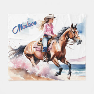 Cowgirl Horseback Riding on Beach by Ocean Custom Fleecedecke