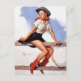 Cowgirl im Button eines Zauns Postkarte