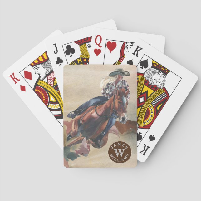 Cowgirl im Horseback Monogram Name Western Spielkarten (Rückseite)