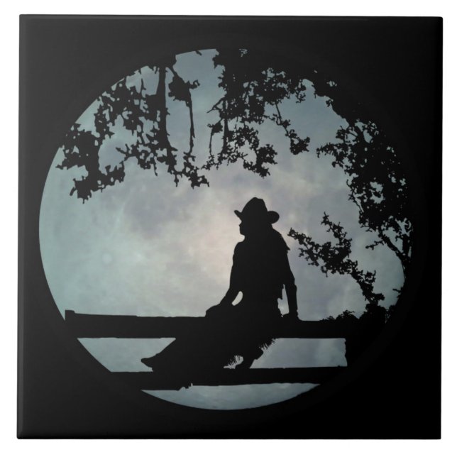 Cowgirl in Full Moon Art Tile Fliese (Vorderseite)
