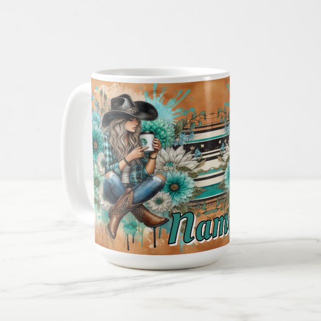Cowgirl in Hut mit floralem Design Kaffeetasse (Vorderseite Links)