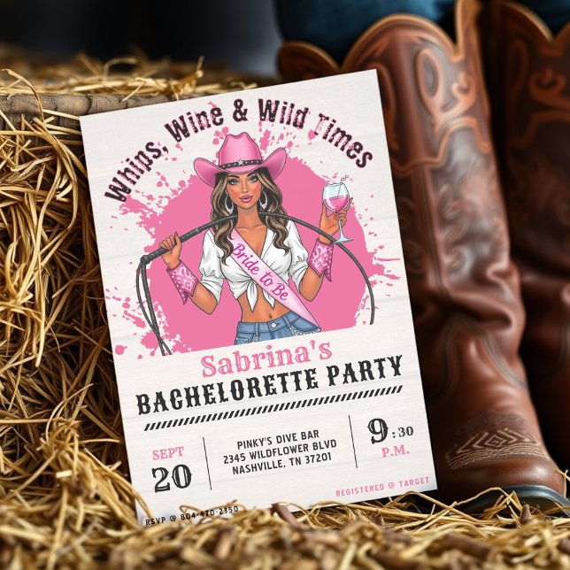 Cowgirl Junggeselinnen-Abschied Whips Wine & Wild  Einladung (Cowgirl Bachelorette Party Whips Wine & Wild Times Invitation
)