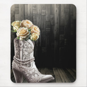 Cowgirl Lace & Pearls Stiefel Weiße Blume Rustikal Mousepad