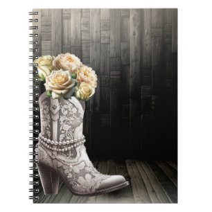 Cowgirl Lace & Perlen Stiefel Weiße Blumen Rustika Notizblock