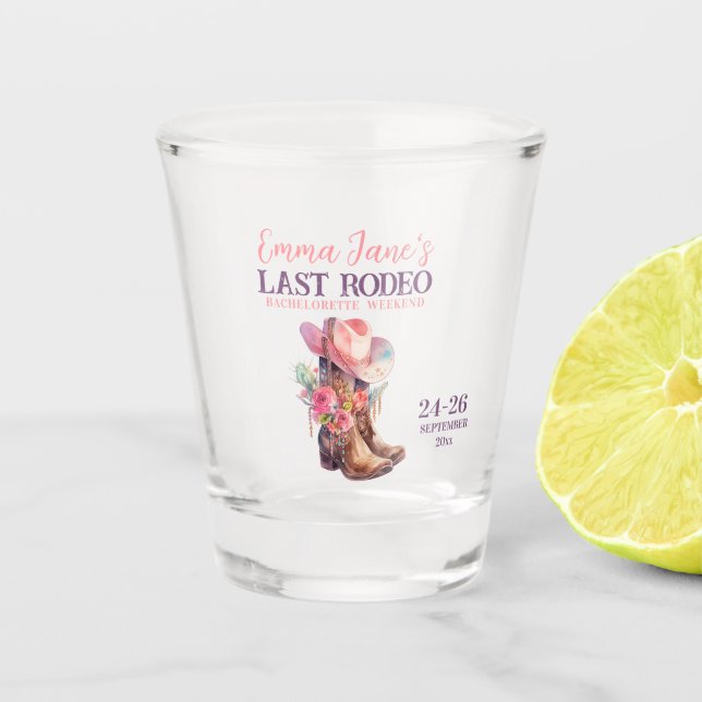 Cowgirl Last Rodeo Pink Bachelorette Schnapsglas (Vorderseite)