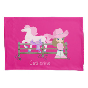 Cowgirl mit rosa Hut-Pferde-und Sattel-Fall Kissenbezug