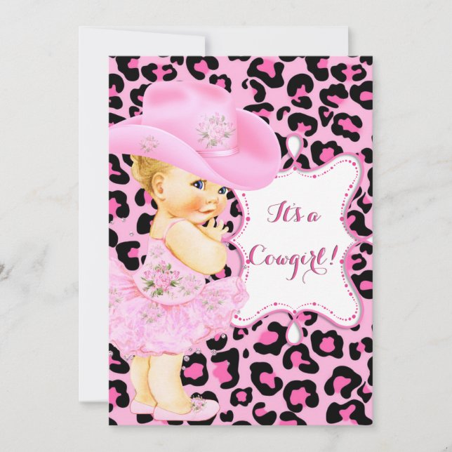Cowgirl Niedlich Baby Dusche Pink Leopard Girl Blo Einladung (Vorderseite)