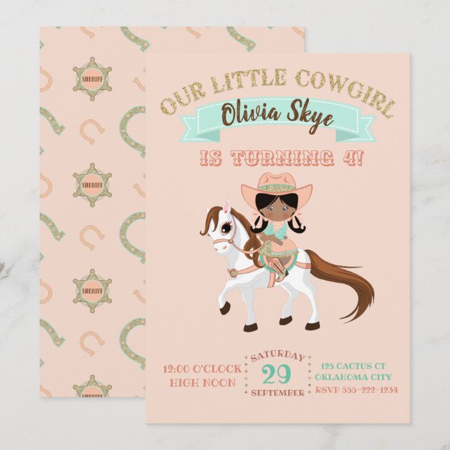 Cowgirl on Horse Girls Birthday Ethnic Einladung (Vorne/Hinten)