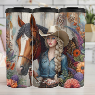 Cowgirl-Pferd-Blumen-Rustikaler Charme Thermosbecher