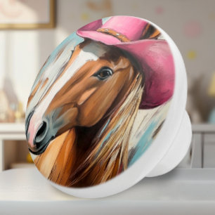 Cowgirl Pferd mit Pink Hat Keramik Knob Keramikknauf
