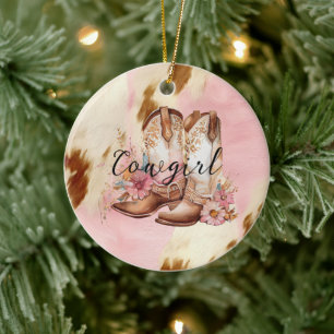Cowgirl Pink Cream Brown Cowhide Blumenstiefel Keramik Ornament
