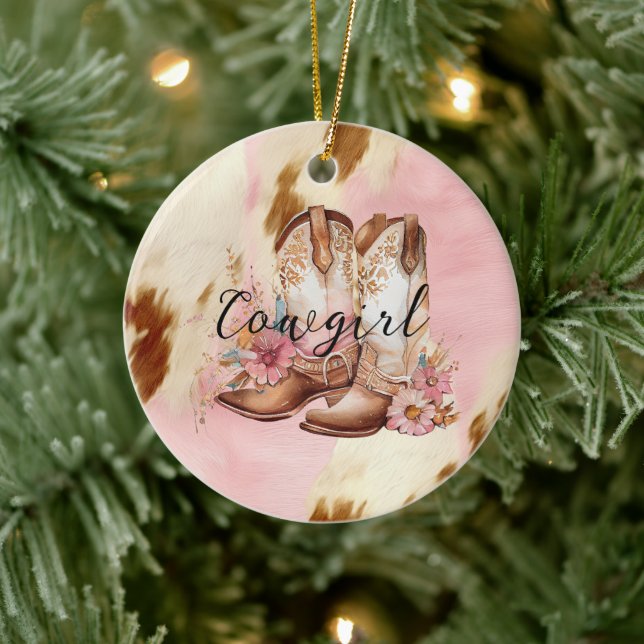 Cowgirl Pink Cream Brown Cowhide Blumenstiefel Keramik Ornament (Baum)
