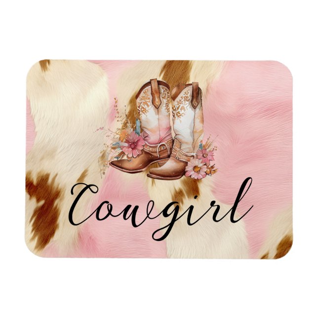 Cowgirl Pink Cream Brown Cowhide Blumenstiefel Magnet (Horizontal)