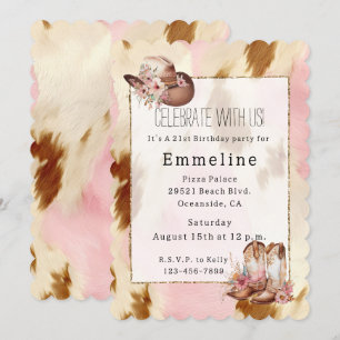 Cowgirl Pink Cream Brown Cowhide Hat Boots Einladung