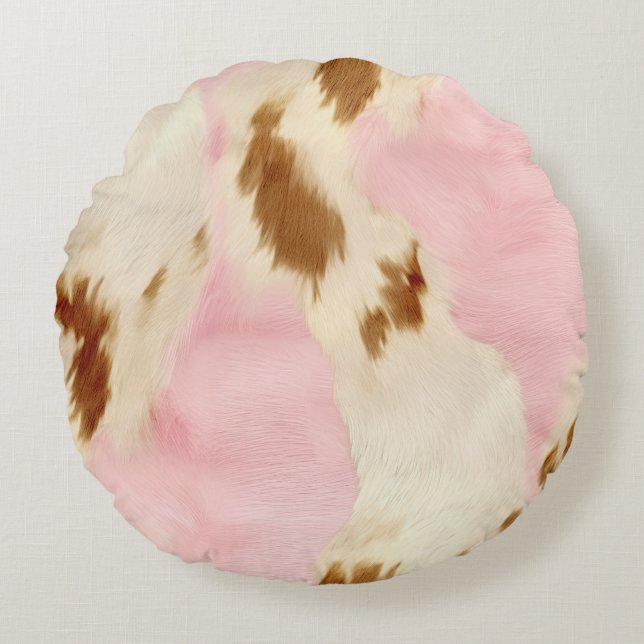 Cowgirl Pink Cream Brown Cowhide Rundes Kissen (Vorderseite)
