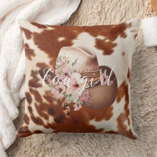 Cowgirl Pink Creme Brown Cowhide Floral Hat Kissen