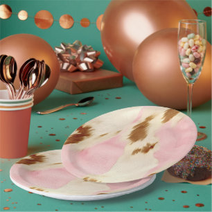 Cowgirl Pink Creme Brown Cowhide Gold Monogramm Pappteller