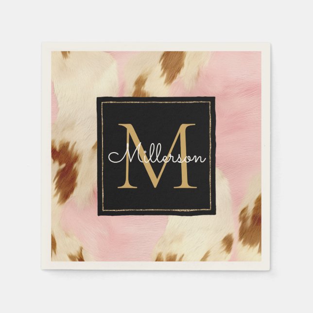Cowgirl Pink Creme Brown Cowhide Gold Monogramm Serviette (Vorderseite)