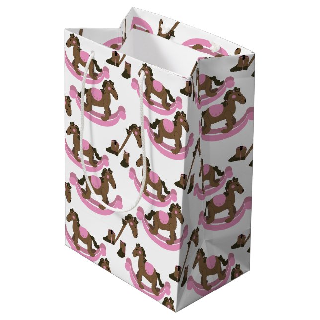 Cowgirl Rocking Horse Baby Pink Mittlere Geschenktüte (Rückseite Schrägansicht)