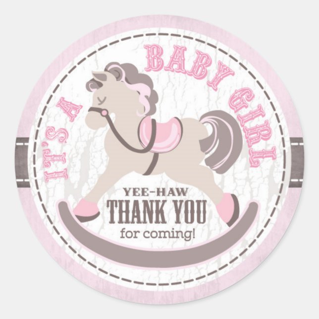 Cowgirl Rocking Horse Western Babydusche Runder Aufkleber (Vorderseite)