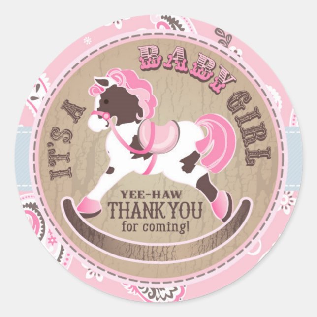 Cowgirl Rocking Horse Western Babydusche Runder Aufkleber (Vorderseite)