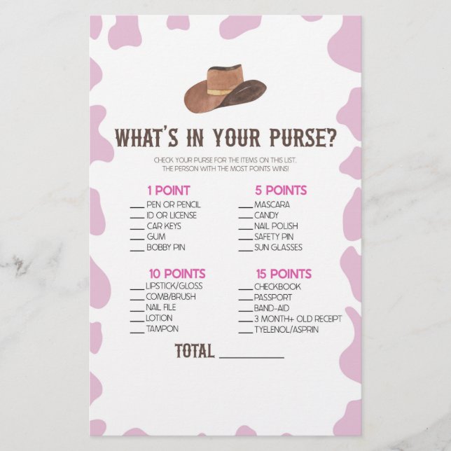 Cowgirl Rodeo Was ist in Purse Baby Shower Game Briefpapier (Vorderseite)