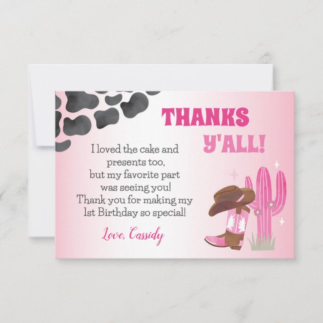 Cowgirl Rodeo Western 1er Anniversaire Merci Carte (Devant)