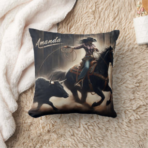 Cowgirl Roping a Steer bei einer Rodeo-Veranstaltu Kissen