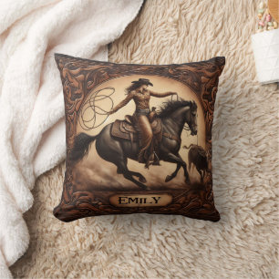 Cowgirl Roping bei Rodeo Event in Motion Kissen