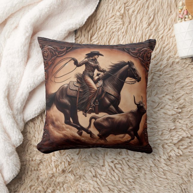 Cowgirl Roping Rattle at Western Rodeo Event Kissen (Decke)