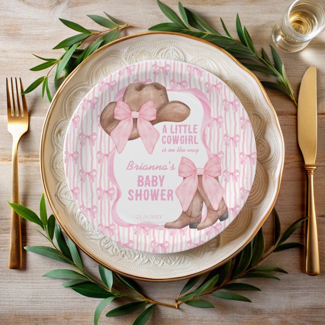 Cowgirl Rosa Bugband Girls Babydusche Pappteller (Cowgirl pink bow ribbon coquette western girls baby shower personalized paper plates cowgirl decor)